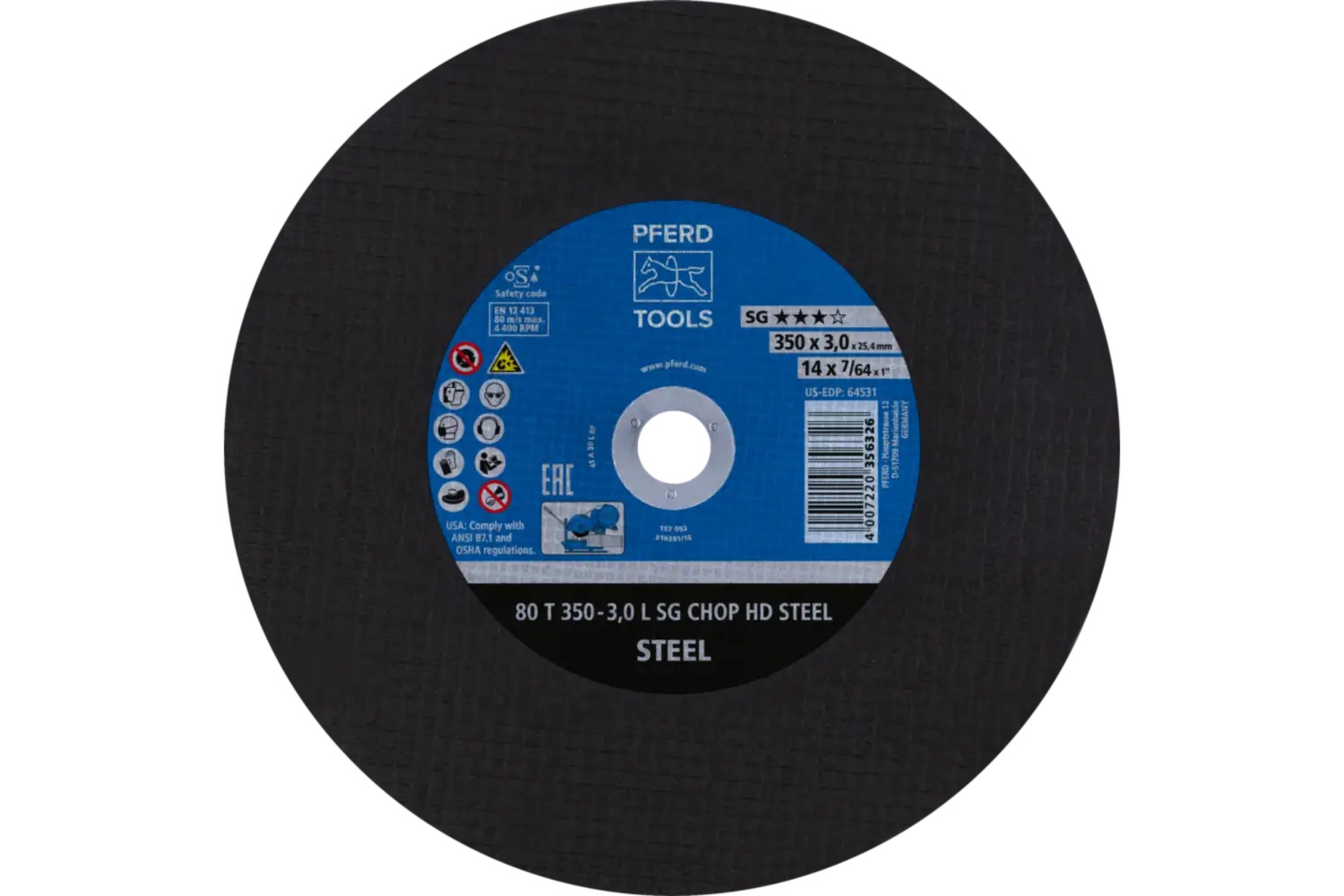 Picture of Pferd Large Diameter Cut-Off Wheel 14" X 7/64 X 1, Sg Chop Hd Steel, L, Aluminum Oxide